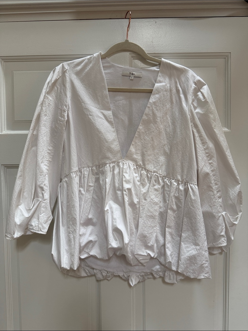Tibi White V-Neck Peplum Poplin Top